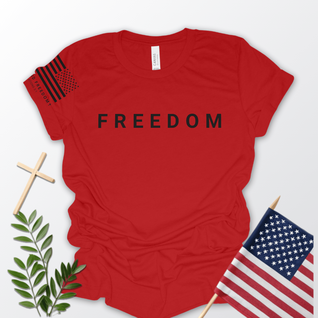 Faith and freedom shirt printed on a premium Bella + Canvas T-shirt representing Christian values and freedom color red