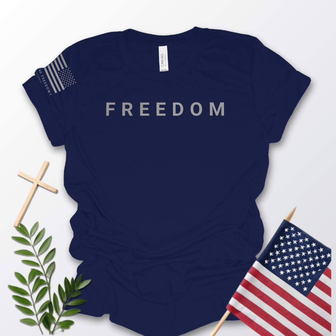 Faith and freedom shirt printed on a premium Bella + Canvas T-shirt representing Christian values and freedom color Navy