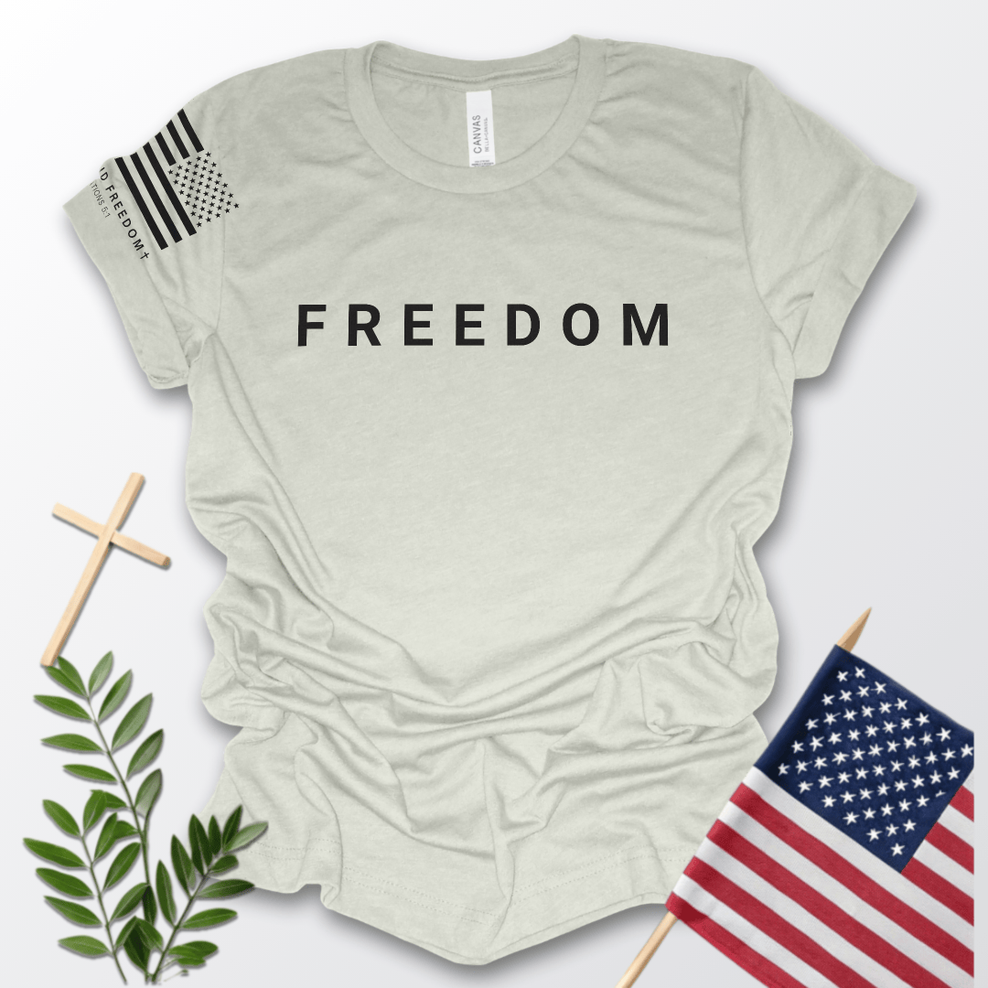 Faith and freedom shirt printed on a premium Bella + Canvas T-shirt representing Christian values and freedom color ash