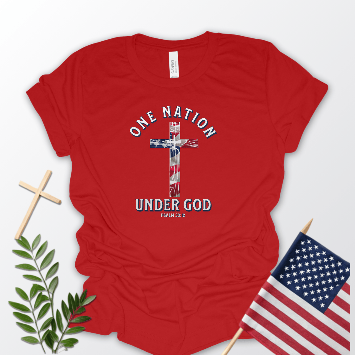One Nation Under God Christian patriotic Red Bella Canvas 3001 T-shirt with American flag cross and Bible verse Psalm 33:12