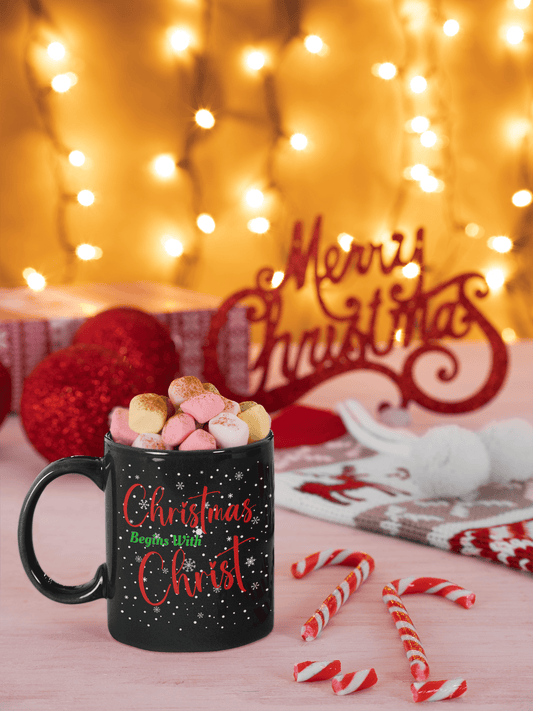 Christmas Begins With Christ Black Glossy 15 oz Mug