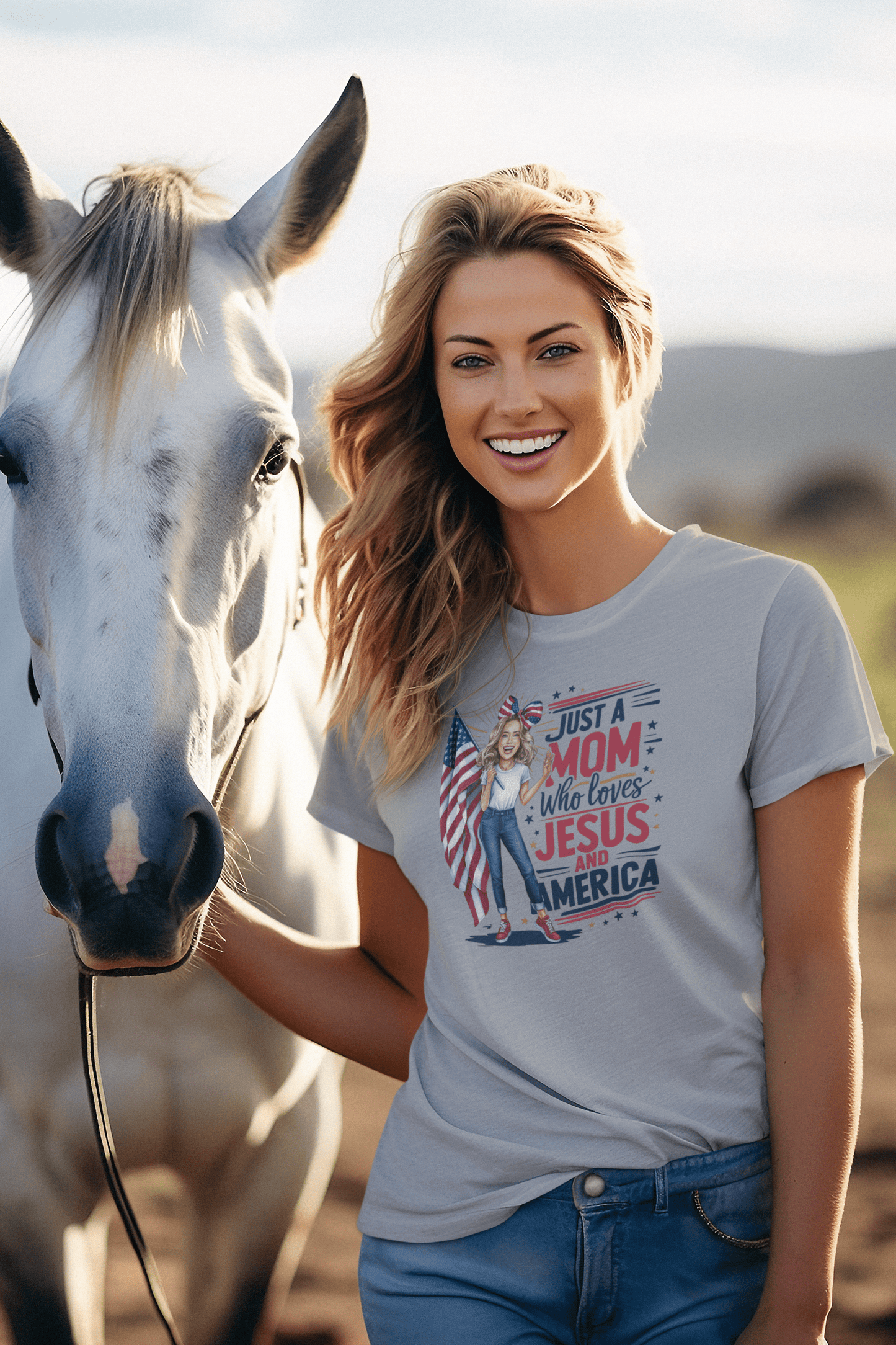 Just A Mom Who Loves Jesus and America Tee-Blonde