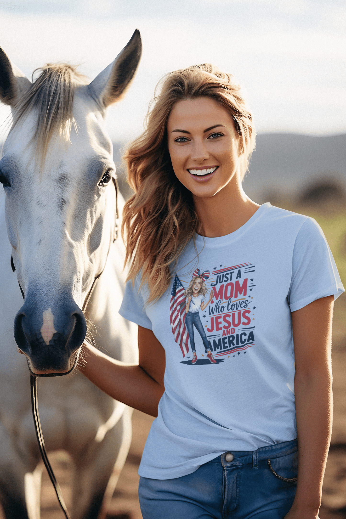 Just A Mom Who Loves Jesus and America Tee-Blonde