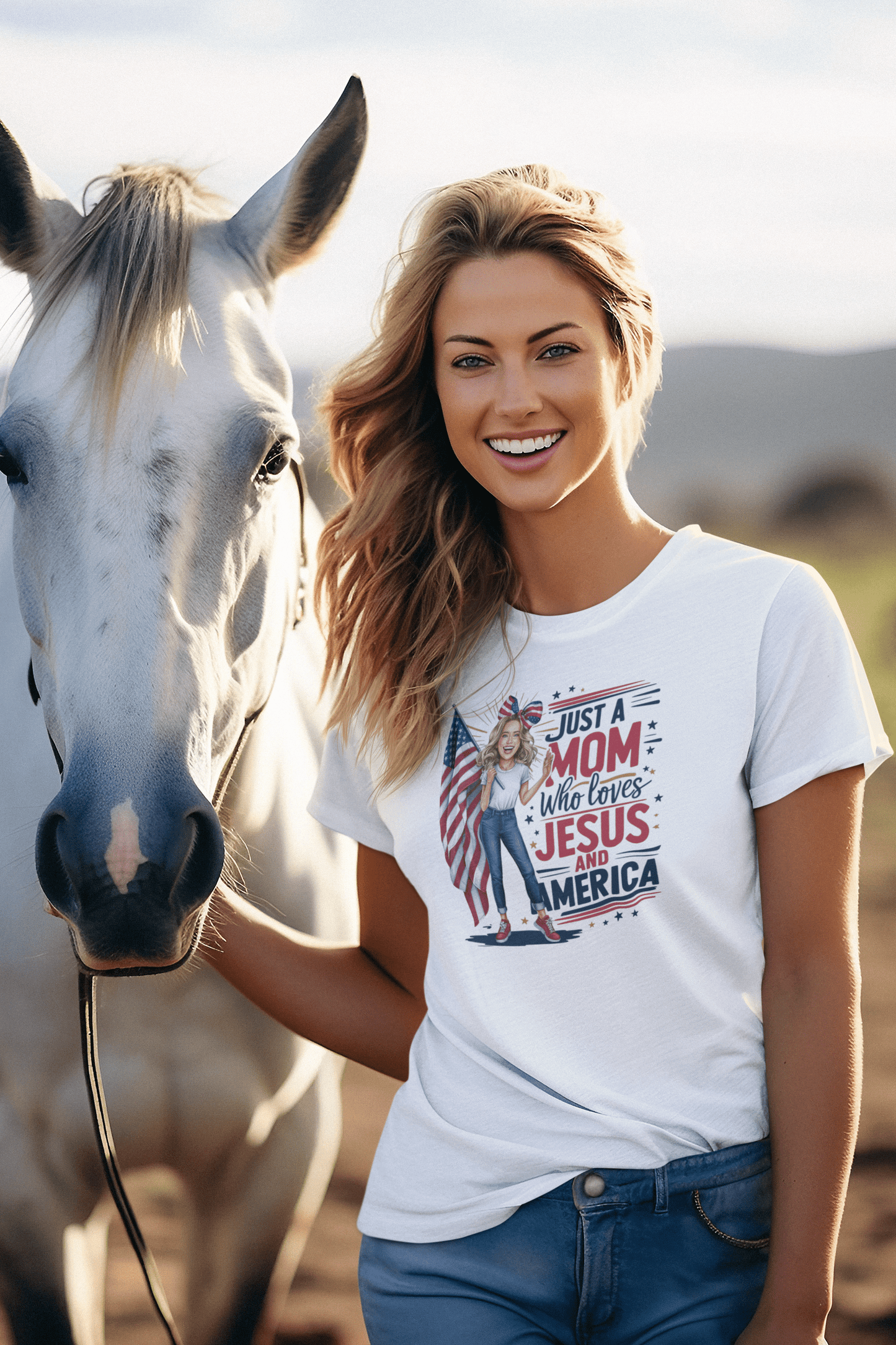 Just A Mom Who Loves Jesus and America Tee-Blonde