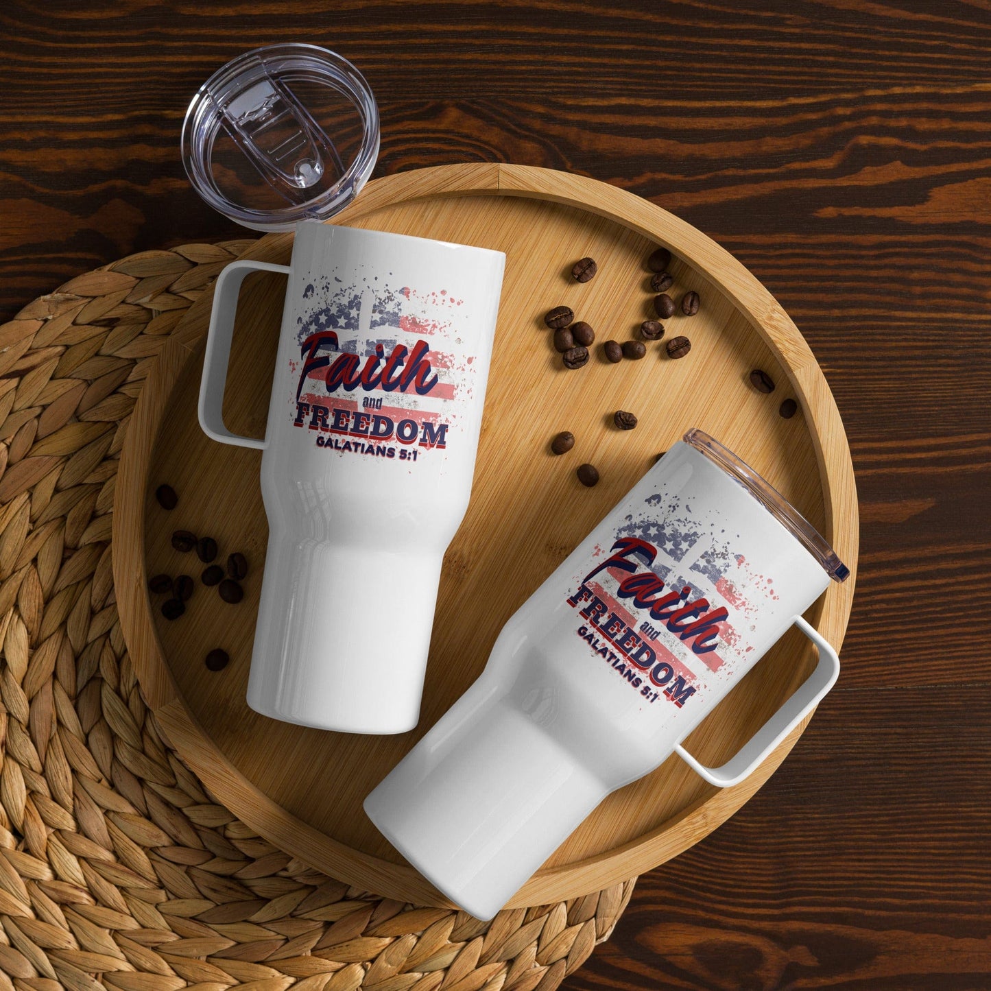 Faith and Freedom Galatians 5:1 25 oz Travel mug with a handle